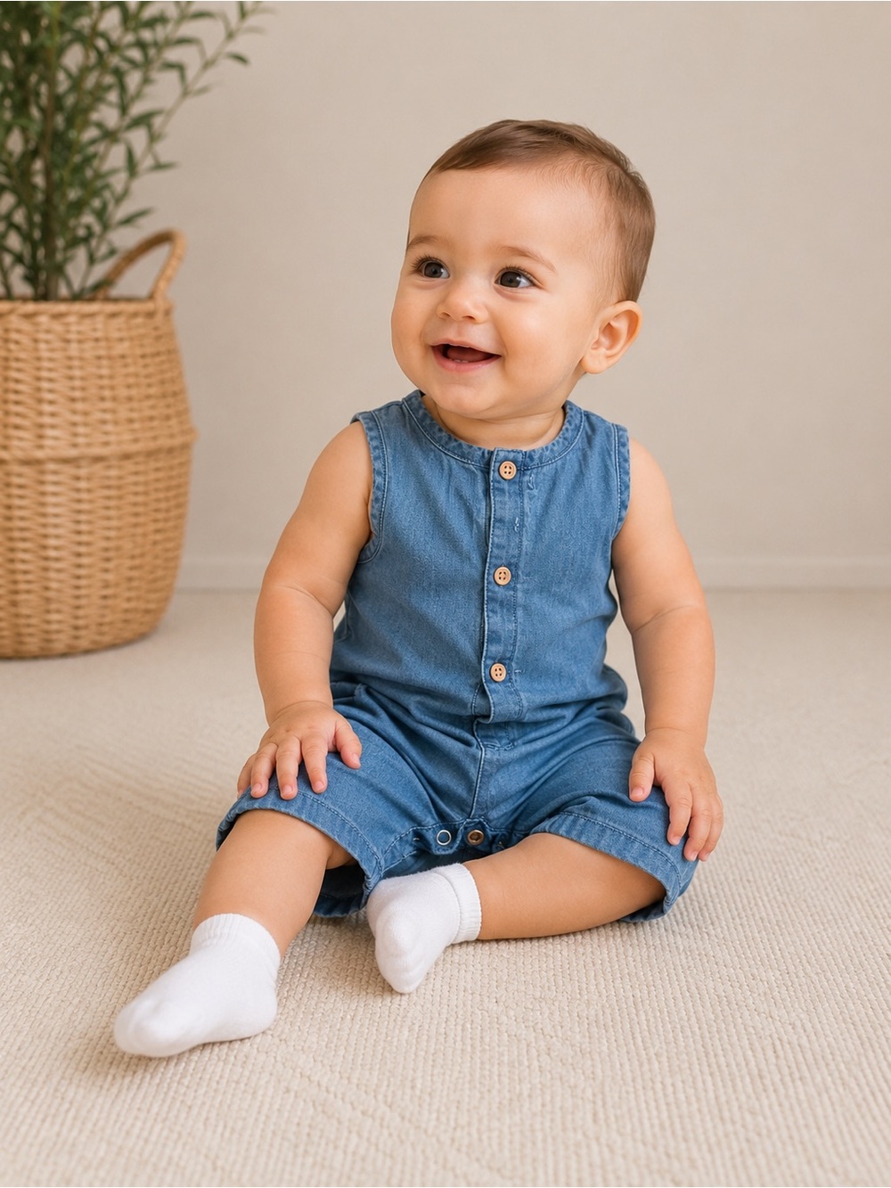 H&M Baby Chambray Romper 9–12M, Soft Denim One-Piece Jumpsuit, Organic Cotton